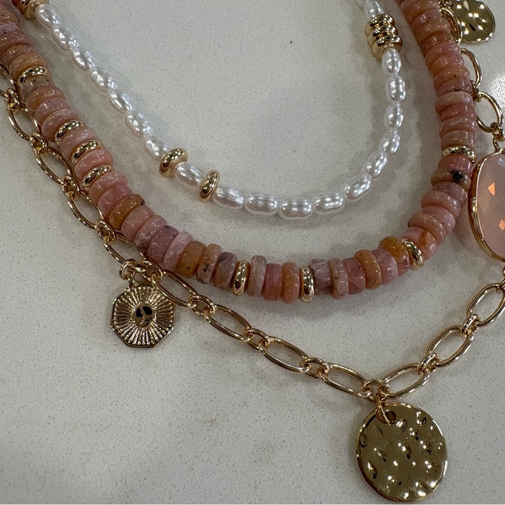 LOFT Pink Pearl & Gold Layered Pendant Necklace with Delicate Chains - Picture 7 of 10